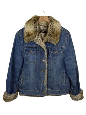Vintage Y2K Faux Fur Lined Denim Jacket Womens L Western Trucker Coat Blue 70s